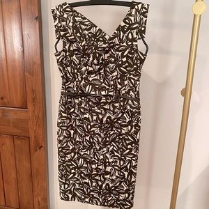 Adrianna Papell Cream and Brown Belted Dress with Asymmetrical Neckline